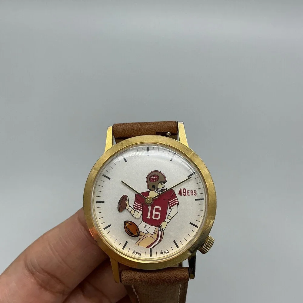Vintage 49ers Football Mens Watch 35mm Joe Montana 16# Gold Tone Leather Manual